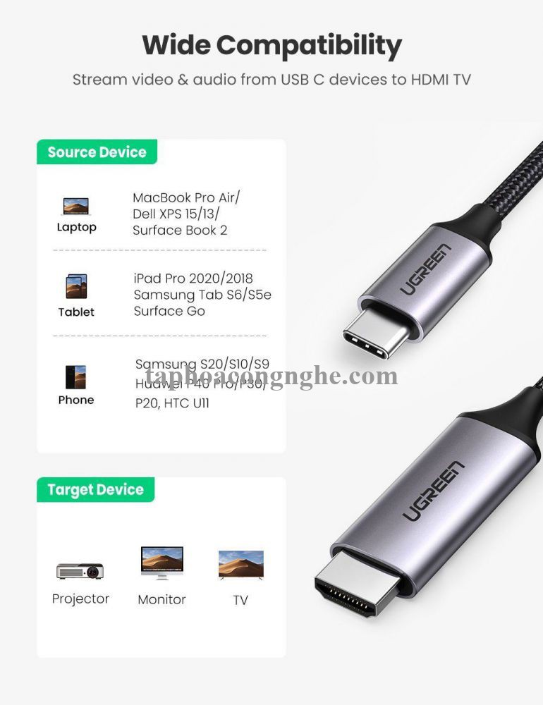Ugreen 50766 3M 4K 60hz usb Type C sang HDMI Cáp dữ liệu truyền âm thanh hình ảnh MM142 30050766